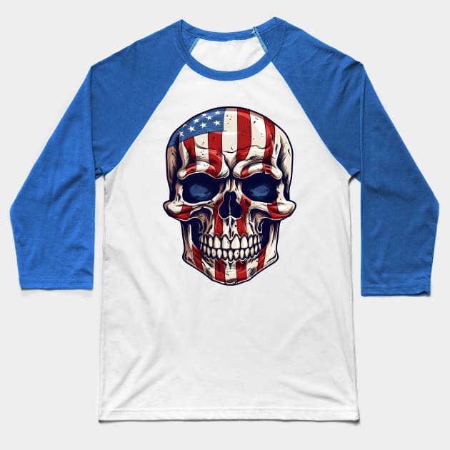 4th of July Holiday Patriotic American Skull Baseball T-Shirt by The Digital Den